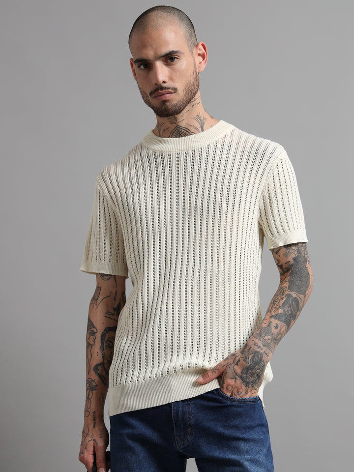 Men's Rib-Knit Crewneck Sweater T-Shirt - Beige