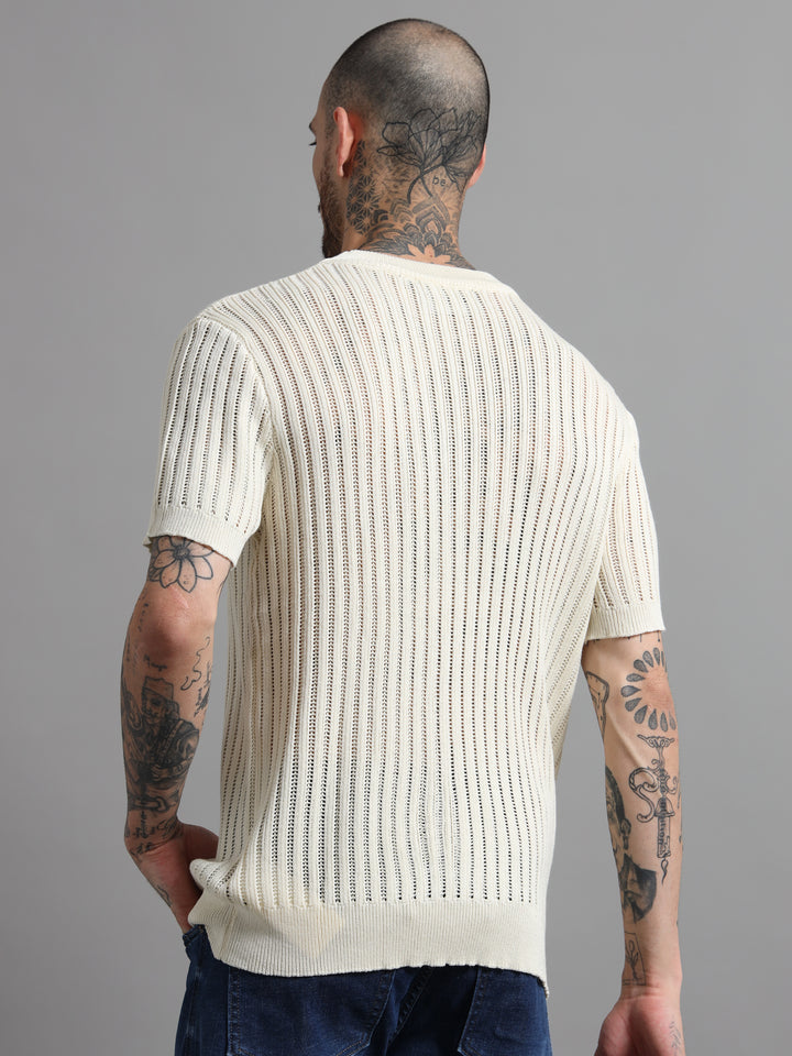 Men's Rib-Knit Crewneck Sweater T-Shirt - Beige