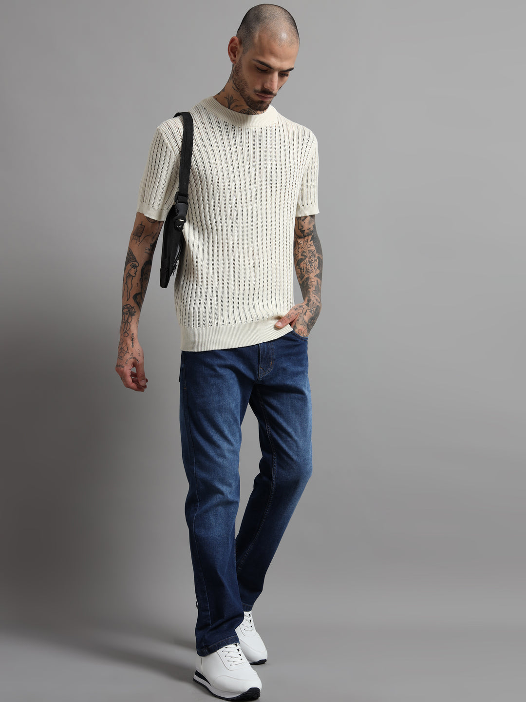 Men's Rib-Knit Crewneck Sweater T-Shirt - Beige