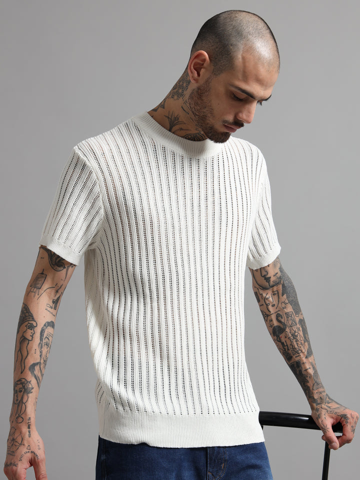 Men's Rib-Knit Crewneck Sweater T-Shirt - White