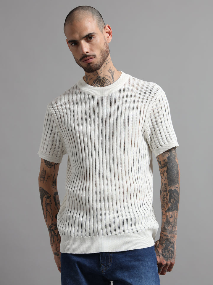 Men's Rib-Knit Crewneck Sweater T-Shirt - White