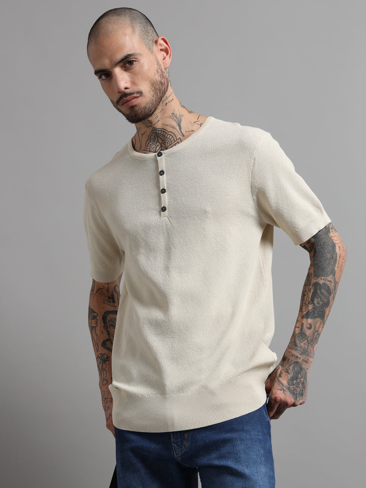 Men's Fine-Knit Henley Sweater T-Shirt - Beige