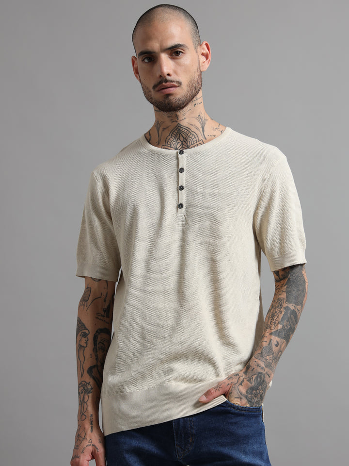 Men's Fine-Knit Henley Sweater T-Shirt - Beige