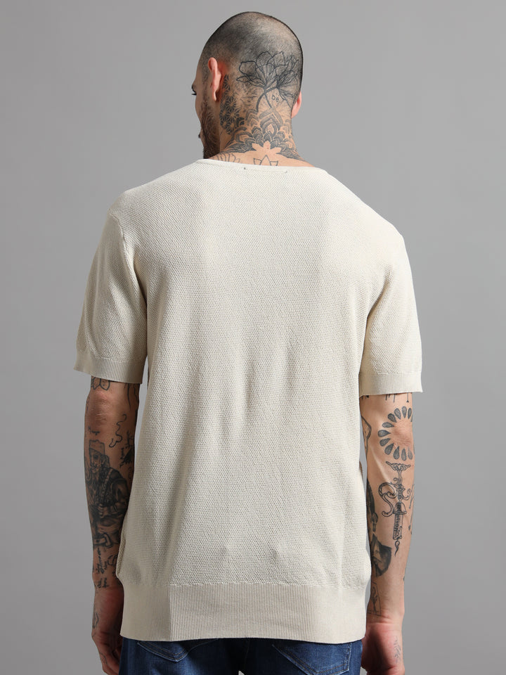Men's Fine-Knit Henley Sweater T-Shirt - Beige