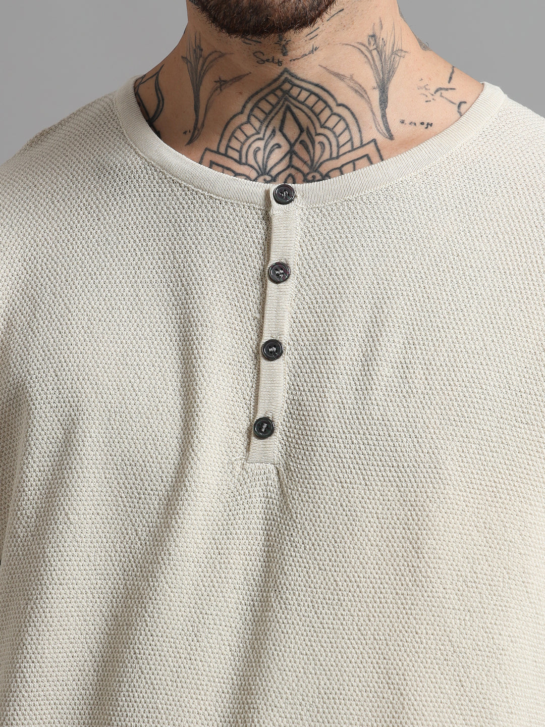 Men's Fine-Knit Henley Sweater T-Shirt - Beige