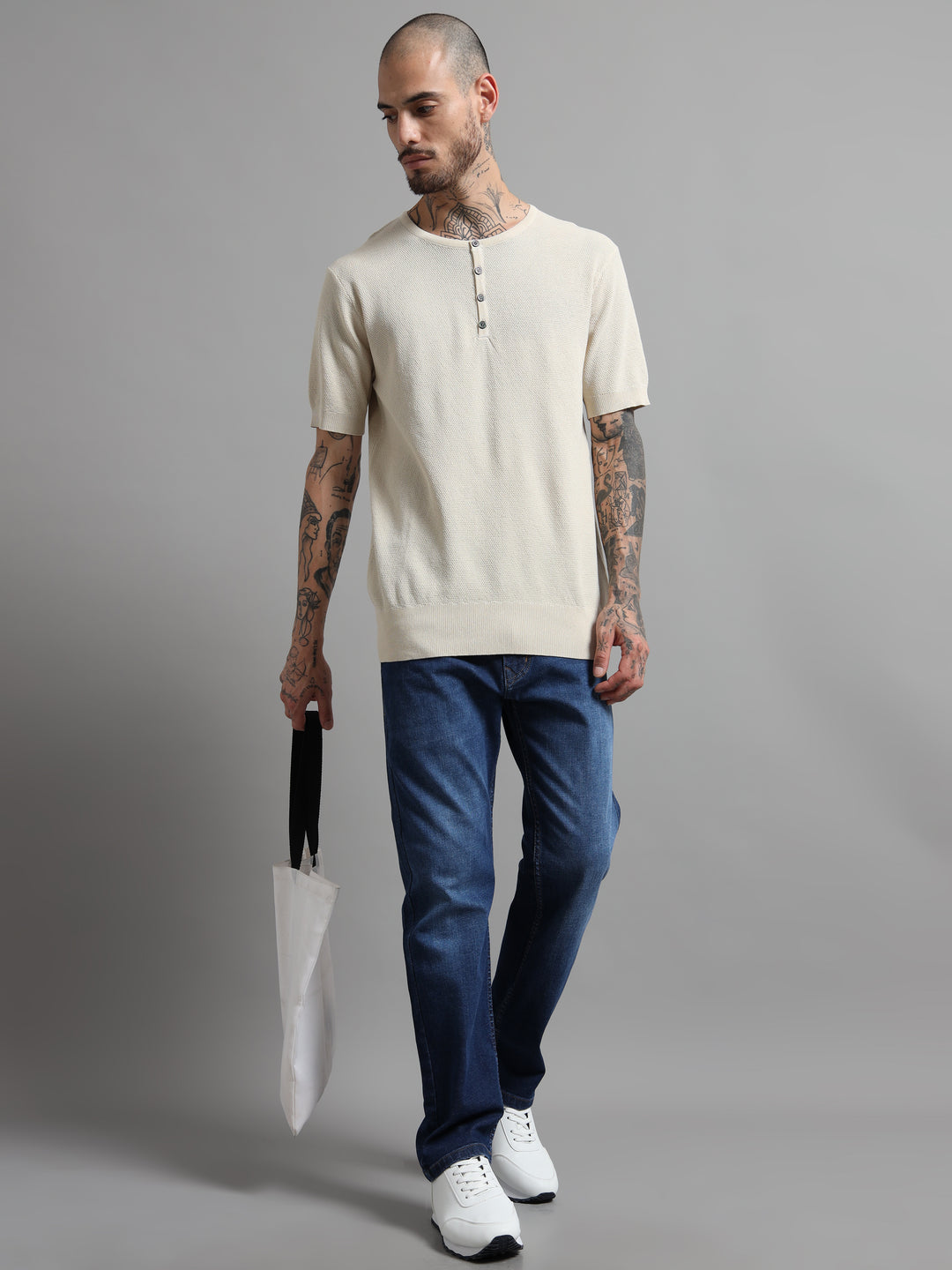 Men's Fine-Knit Henley Sweater T-Shirt - Beige