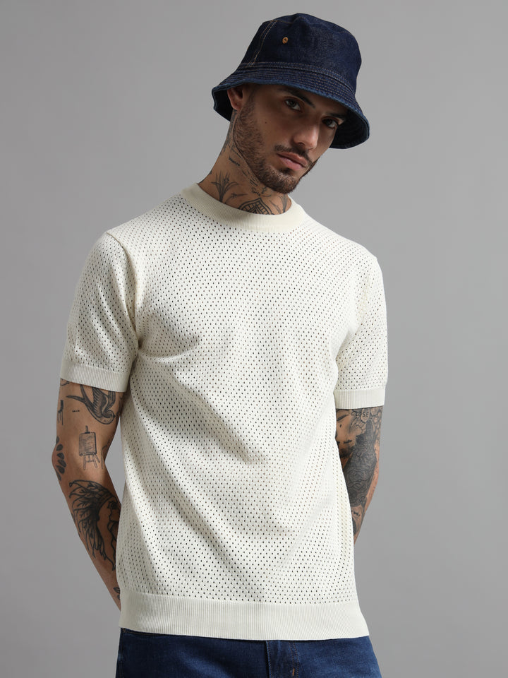 Textured Pointelle Knit T-Shirt - Beige
