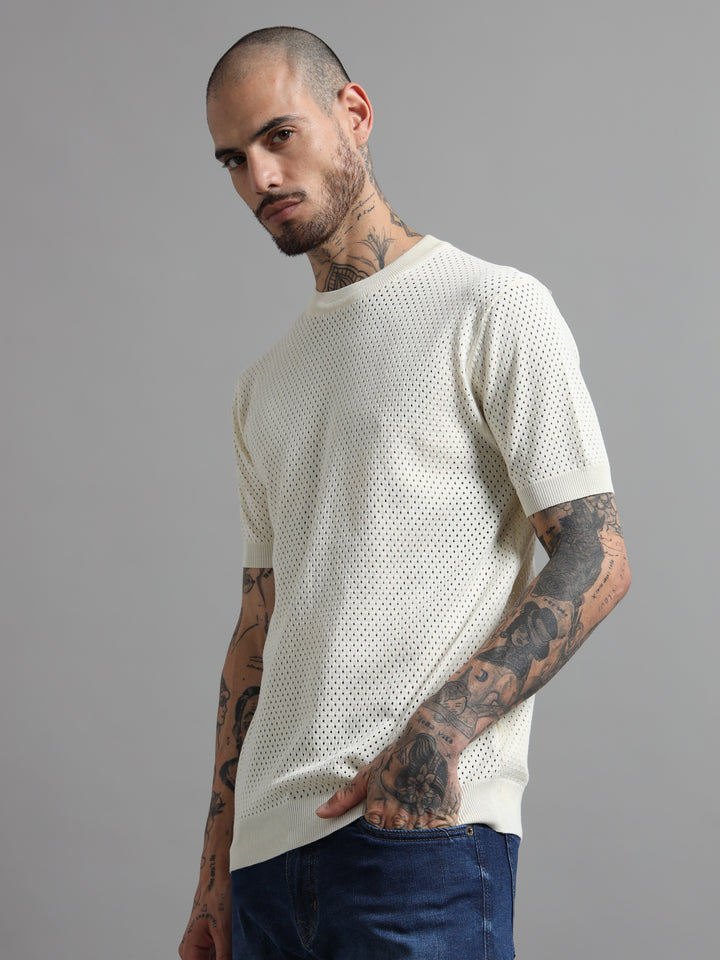 Textured Pointelle Knit T-Shirt - Beige