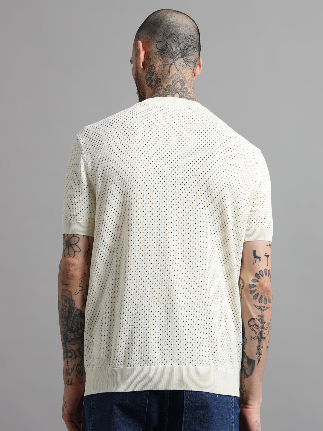 Textured Pointelle Knit T-Shirt - Beige