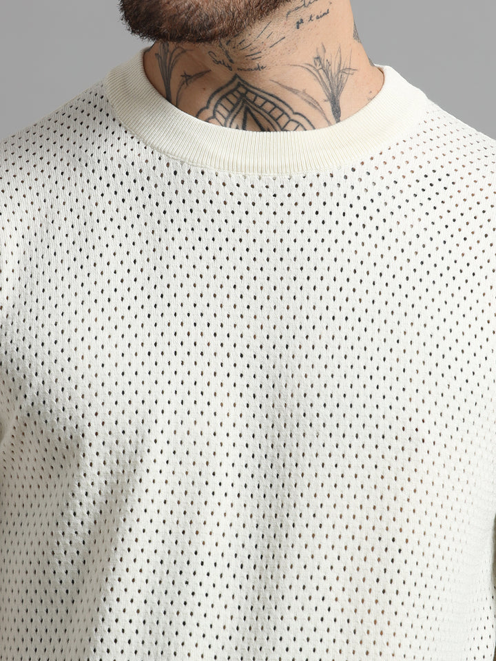 Textured Pointelle Knit T-Shirt - Beige
