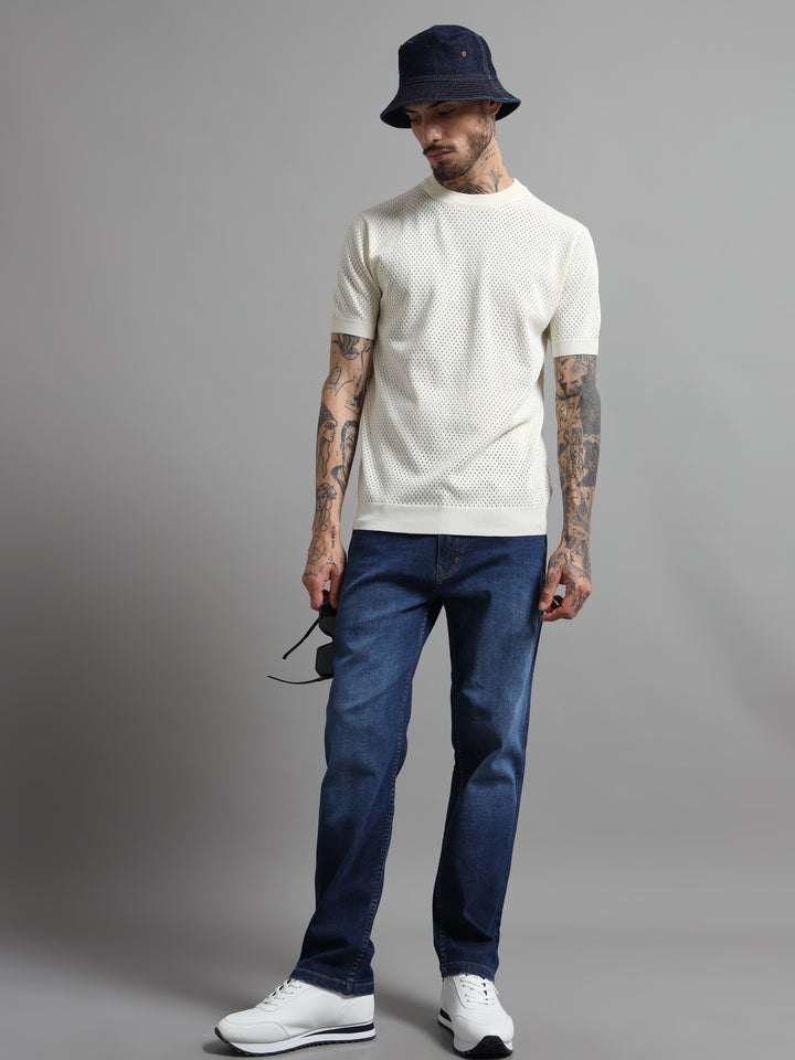Textured Pointelle Knit T-Shirt - Beige