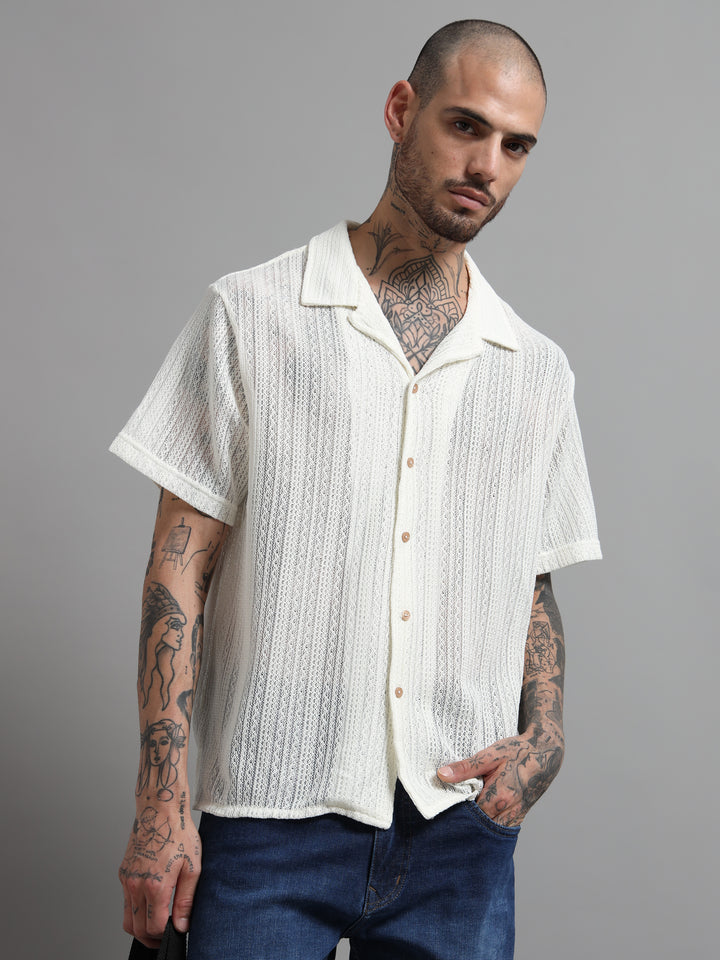 Sheer Textured Cuban Collar Short Sleeve Shirt - White