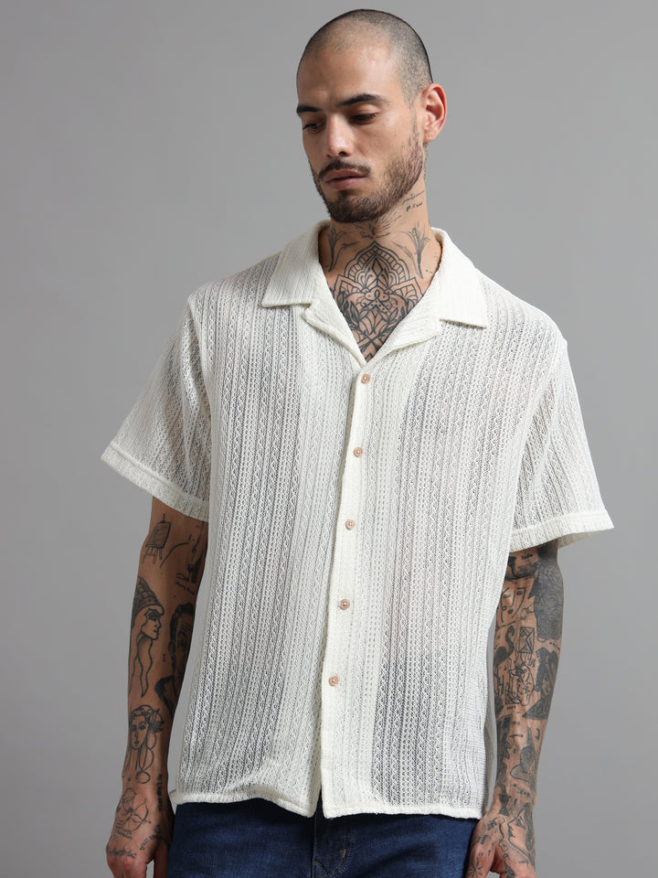 Sheer Textured Cuban Collar Short Sleeve Shirt - White