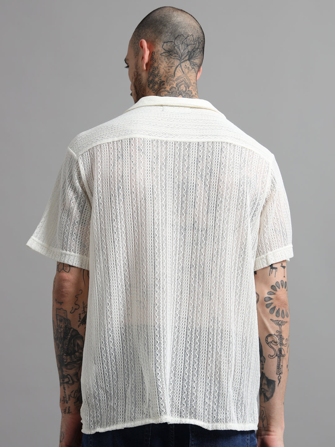 Sheer Textured Cuban Collar Short Sleeve Shirt - White