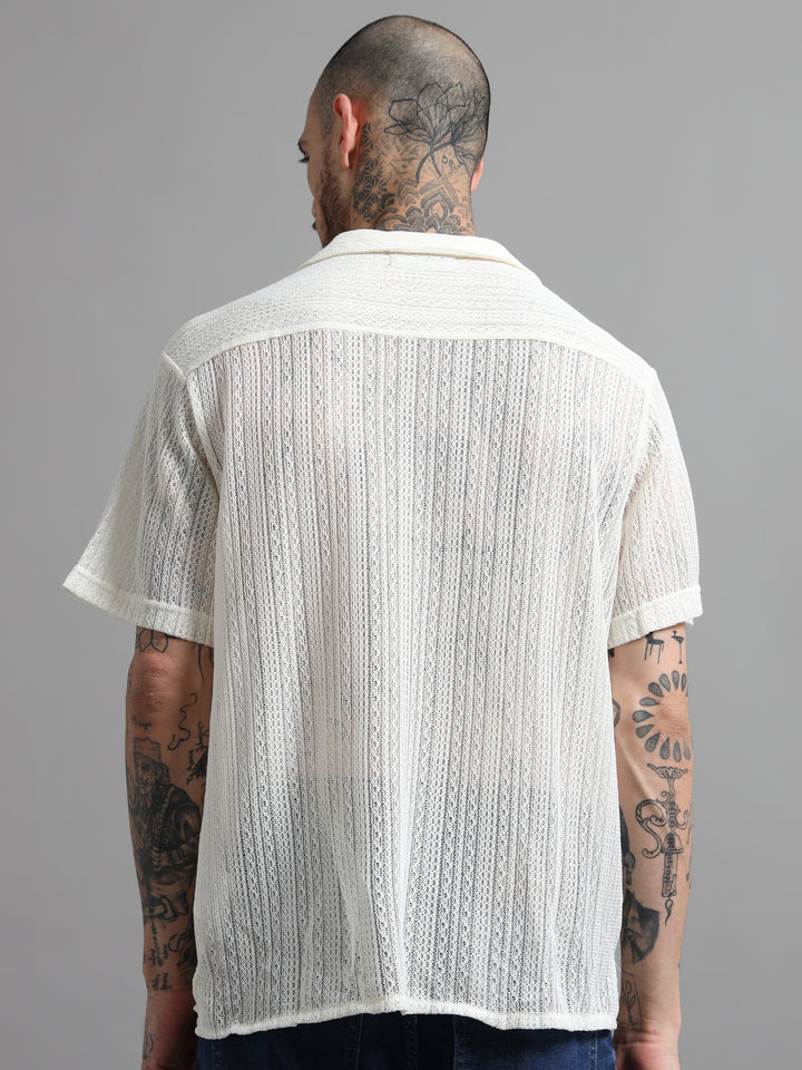 Sheer Textured Cuban Collar Short Sleeve Shirt - White