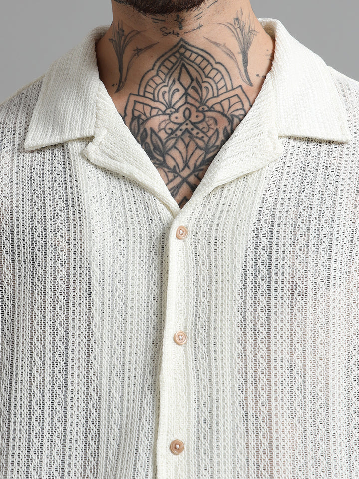 Sheer Textured Cuban Collar Short Sleeve Shirt - White