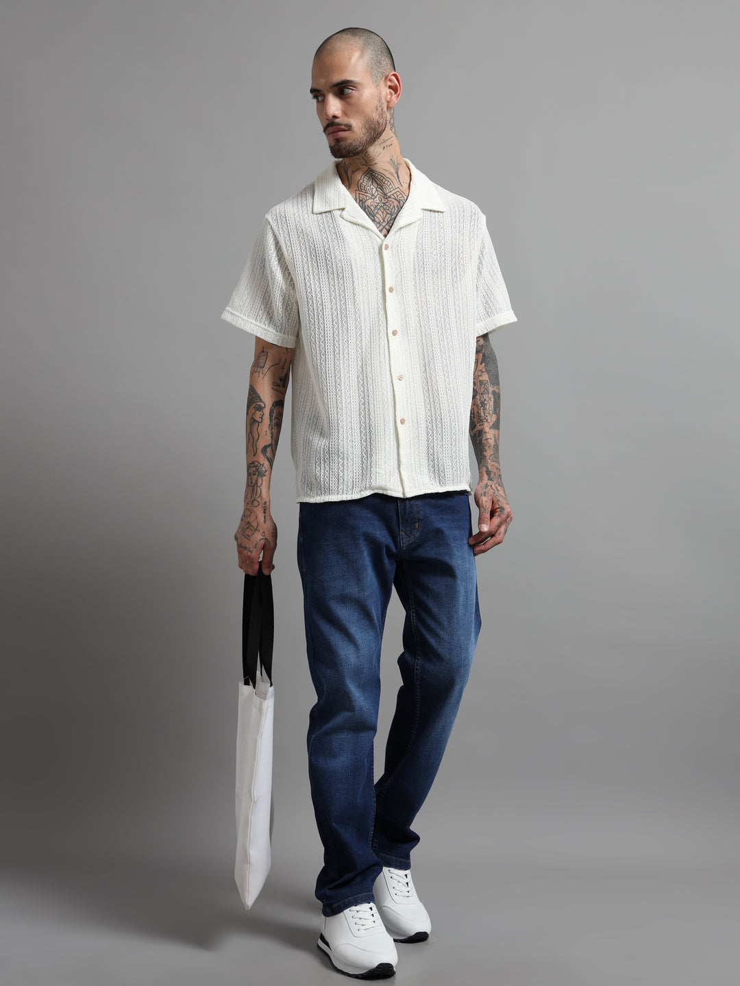 Sheer Textured Cuban Collar Short Sleeve Shirt - White