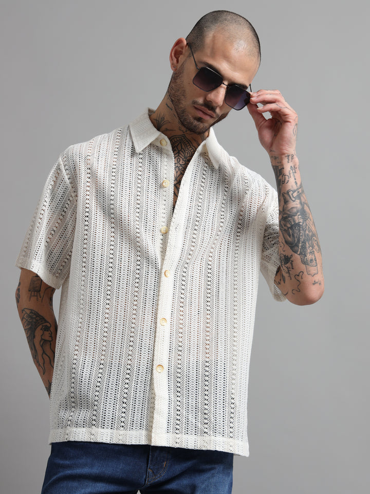 Open-Knit Eyelet Short Sleeve Shirt - White