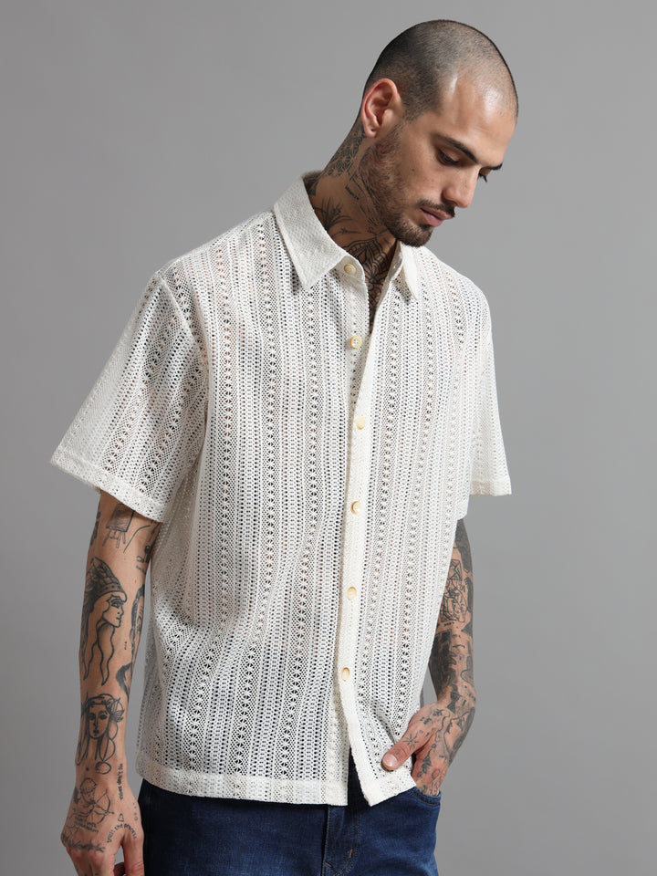 Open-Knit Eyelet Short Sleeve Shirt - White