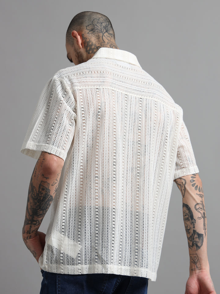 Open-Knit Eyelet Short Sleeve Shirt - White