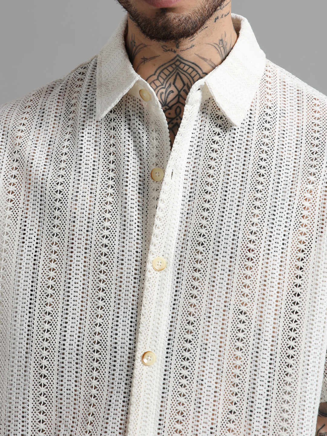 Open-Knit Eyelet Short Sleeve Shirt - White