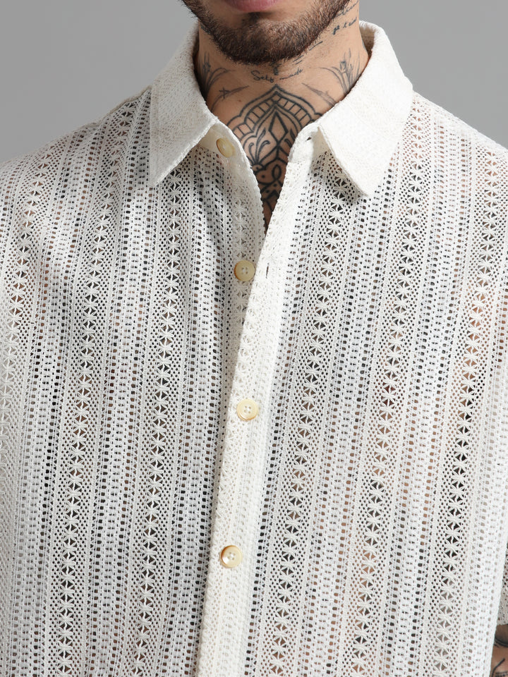 Open-Knit Eyelet Short Sleeve Shirt - White