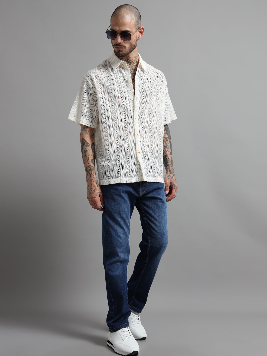 Open-Knit Eyelet Short Sleeve Shirt - White