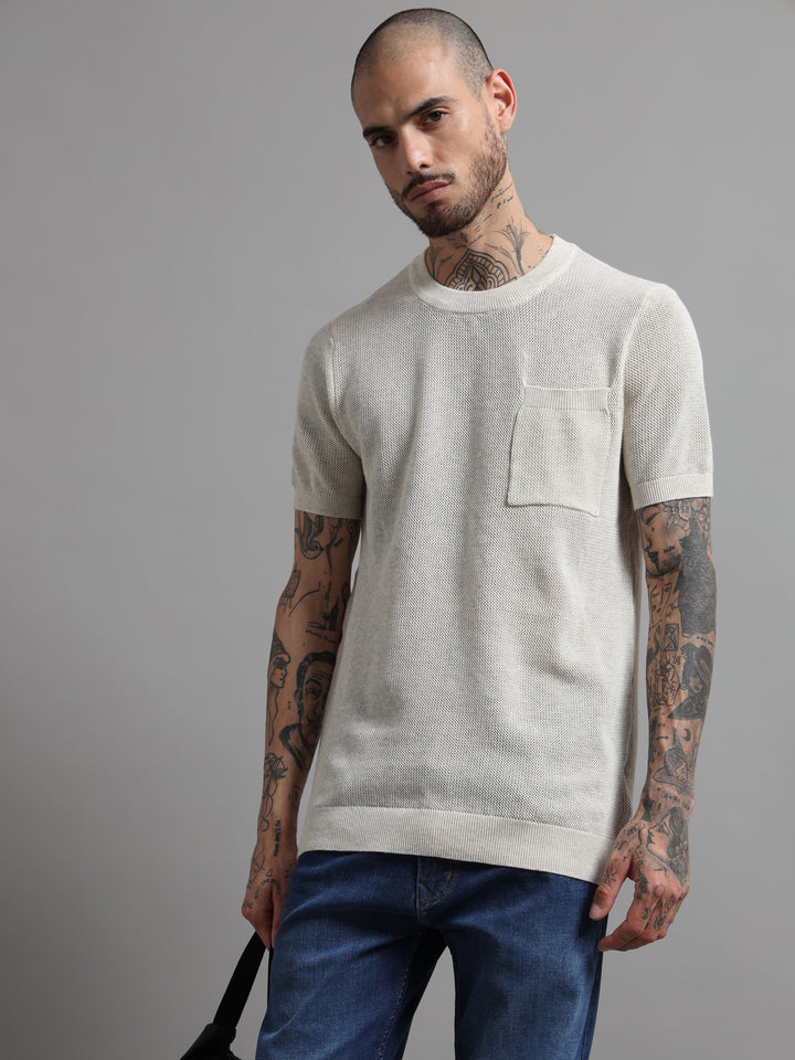 Men's Textured Knit Crew Neck T-Shirt - Beige