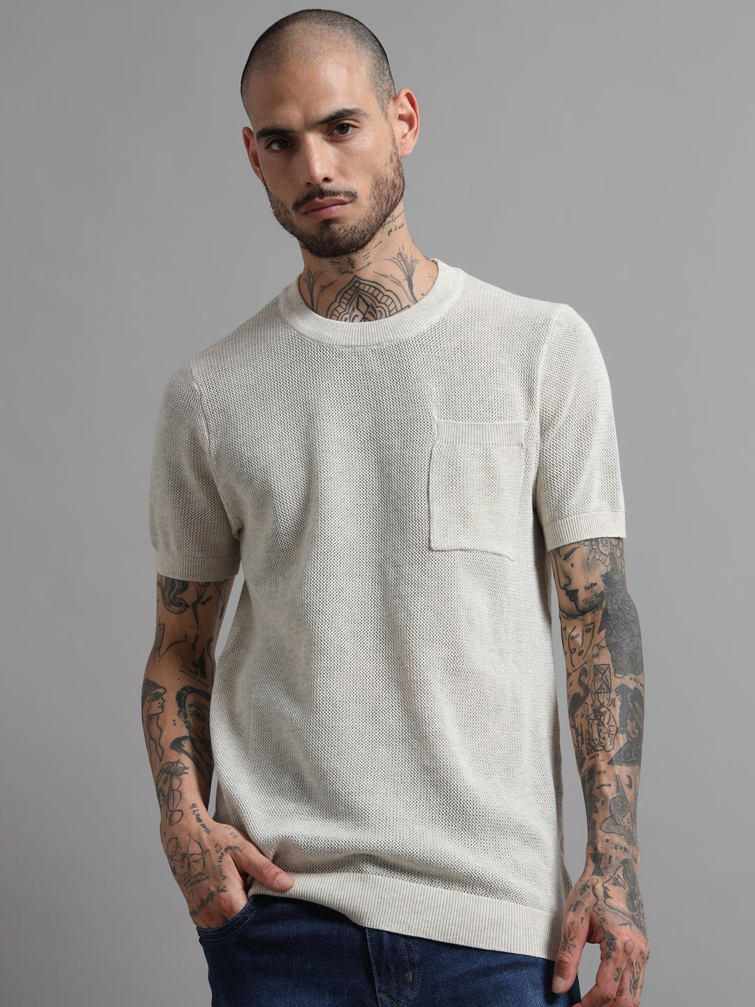Men's Textured Knit Crew Neck T-Shirt - Beige