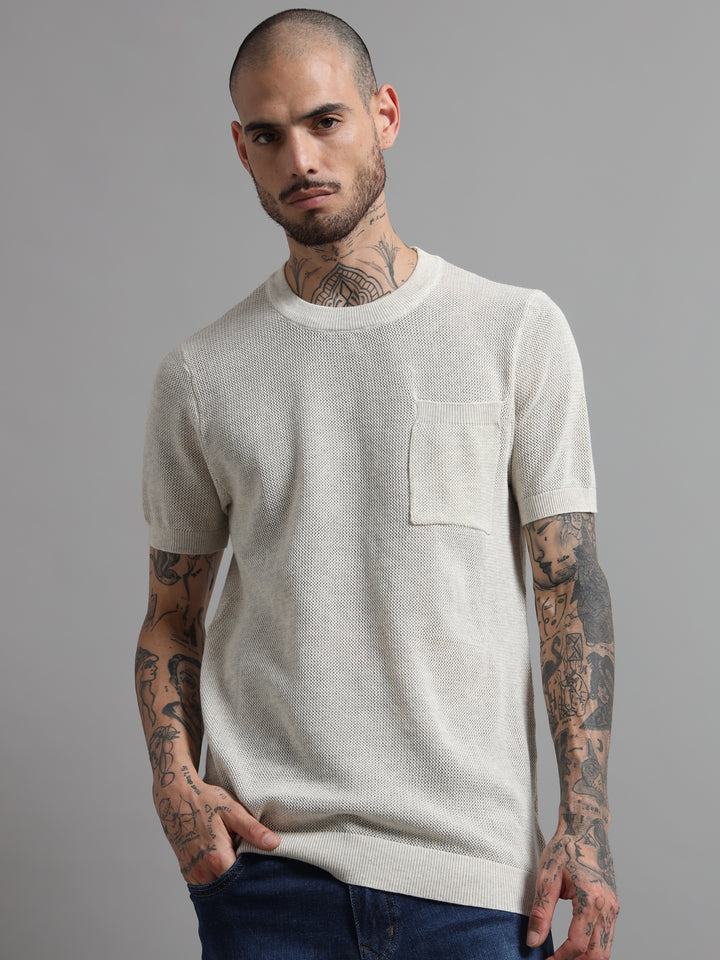 Men's Textured Knit Crew Neck T-Shirt - Beige