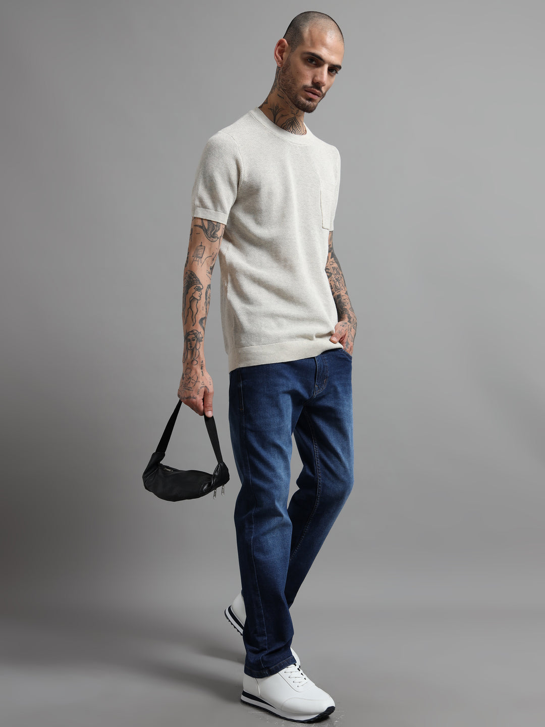 Men's Textured Knit Crew Neck T-Shirt - Beige