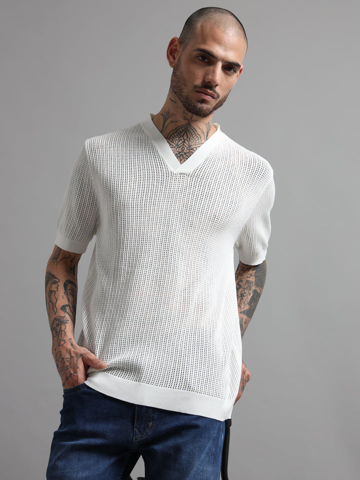 Textured V-Neck Pointelle Knit T-Shirt - White