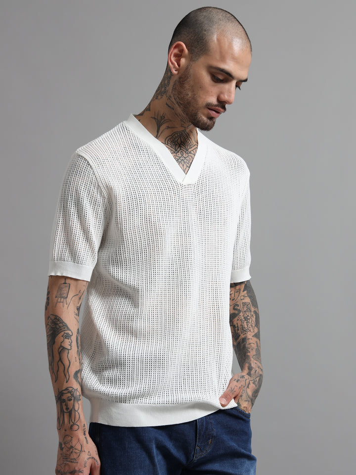 Textured V-Neck Pointelle Knit T-Shirt - White