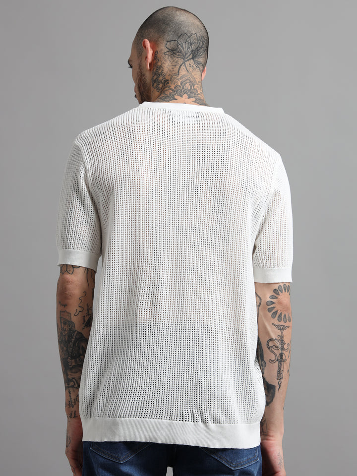Textured V-Neck Pointelle Knit T-Shirt - White