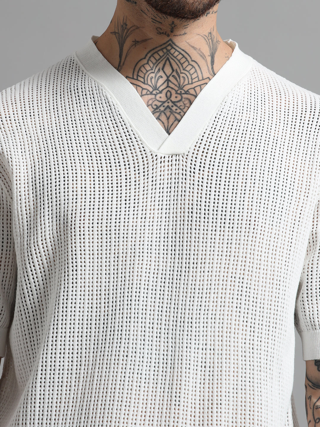 Textured V-Neck Pointelle Knit T-Shirt - White