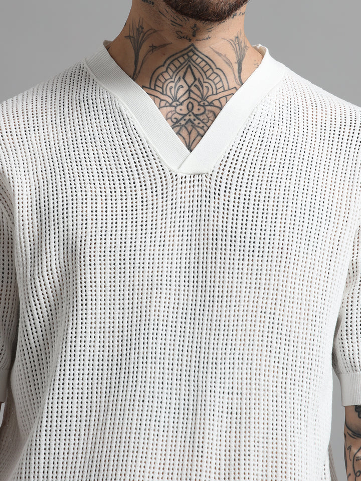 Textured V-Neck Pointelle Knit T-Shirt - White
