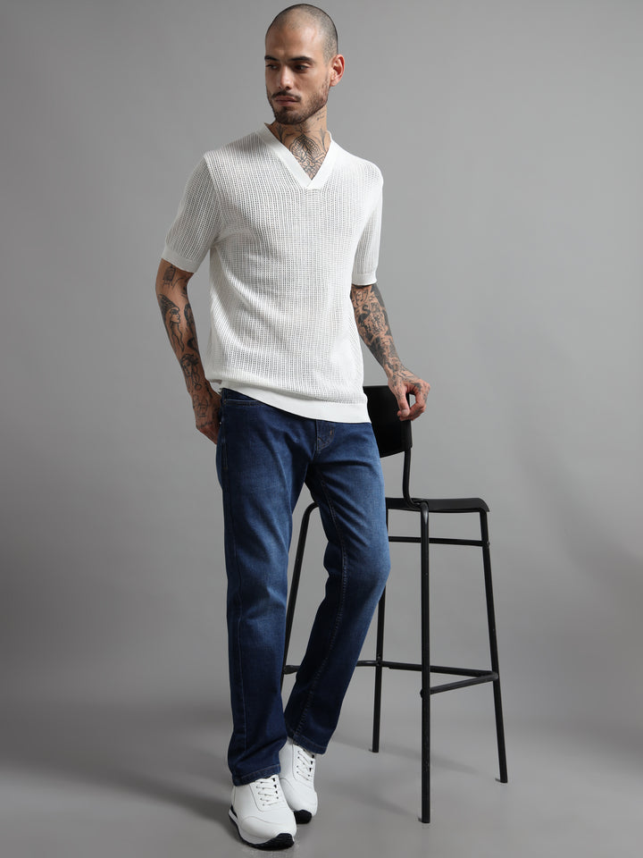 Textured V-Neck Pointelle Knit T-Shirt - White