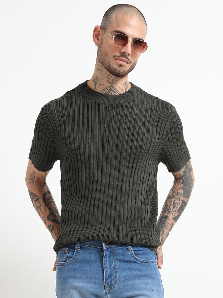 Men's Rib-Knit Crewneck Sweater T-Shirt - Army Green