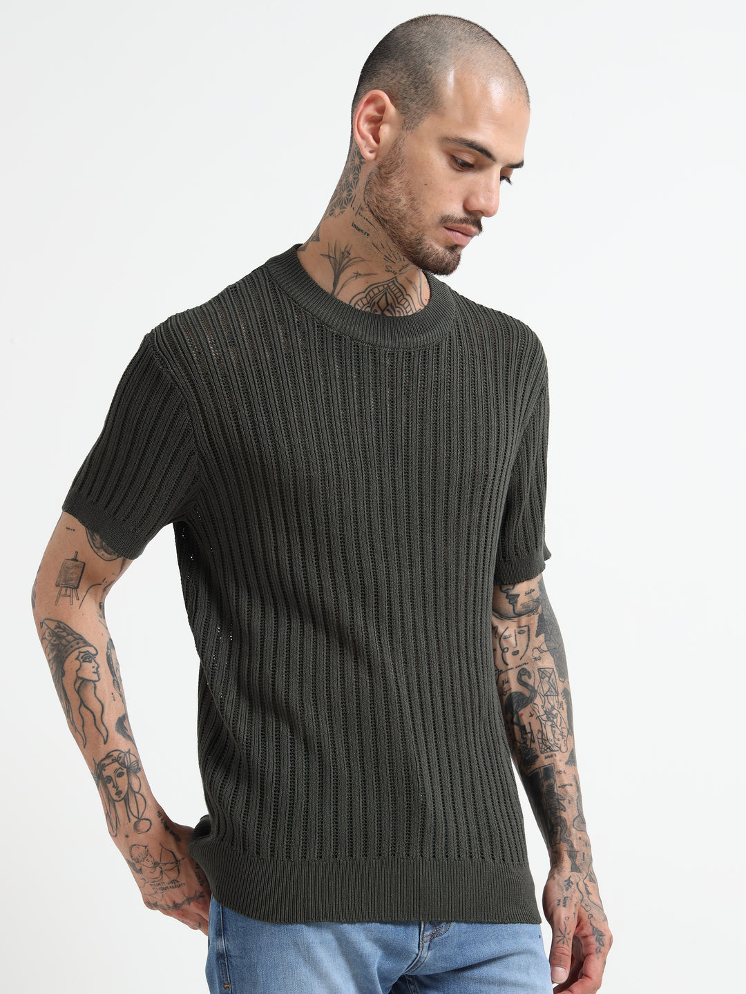 Men's Rib-Knit Crewneck Sweater T-Shirt - Army Green