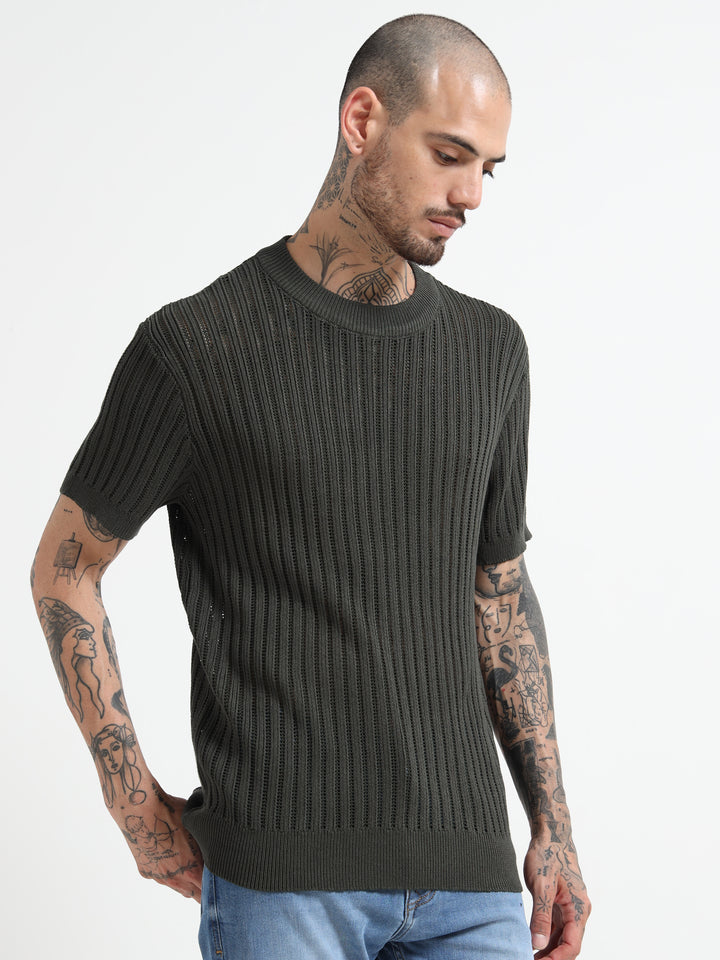 Men's Rib-Knit Crewneck Sweater T-Shirt - Army Green