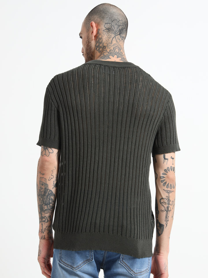 Men's Rib-Knit Crewneck Sweater T-Shirt - Army Green