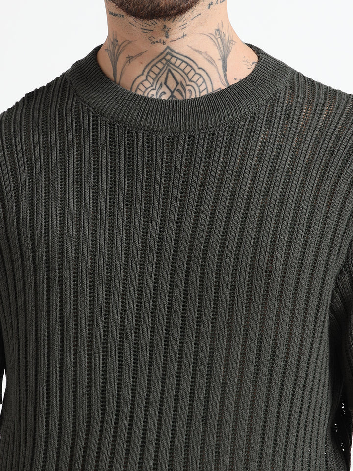 Men's Rib-Knit Crewneck Sweater T-Shirt - Army Green