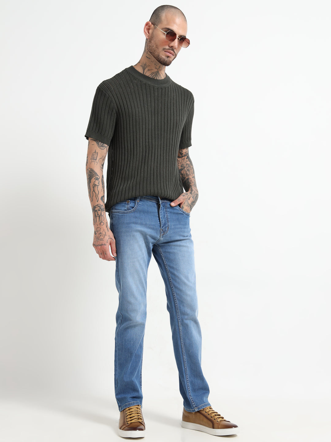 Men's Rib-Knit Crewneck Sweater T-Shirt - Army Green
