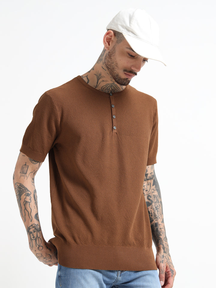 Men's Fine-Knit Henley Sweater T-Shirt - Coffee