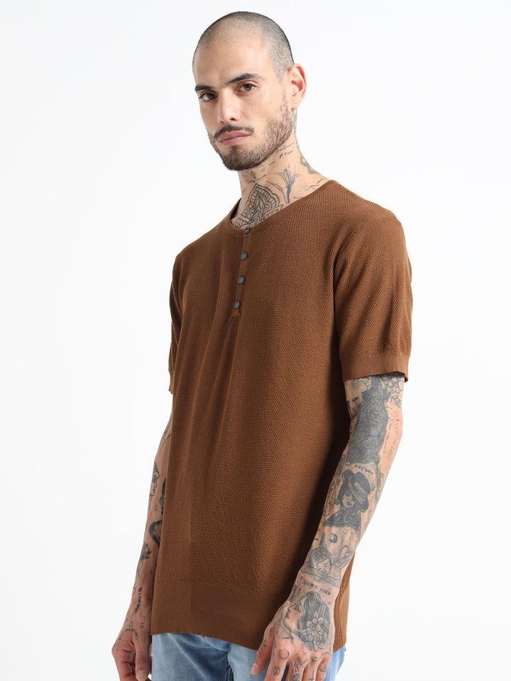 Men's Fine-Knit Henley Sweater T-Shirt - Coffee