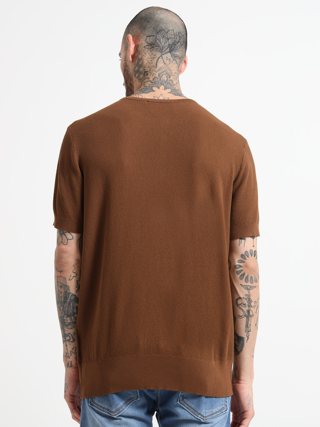 Men's Fine-Knit Henley Sweater T-Shirt - Coffee