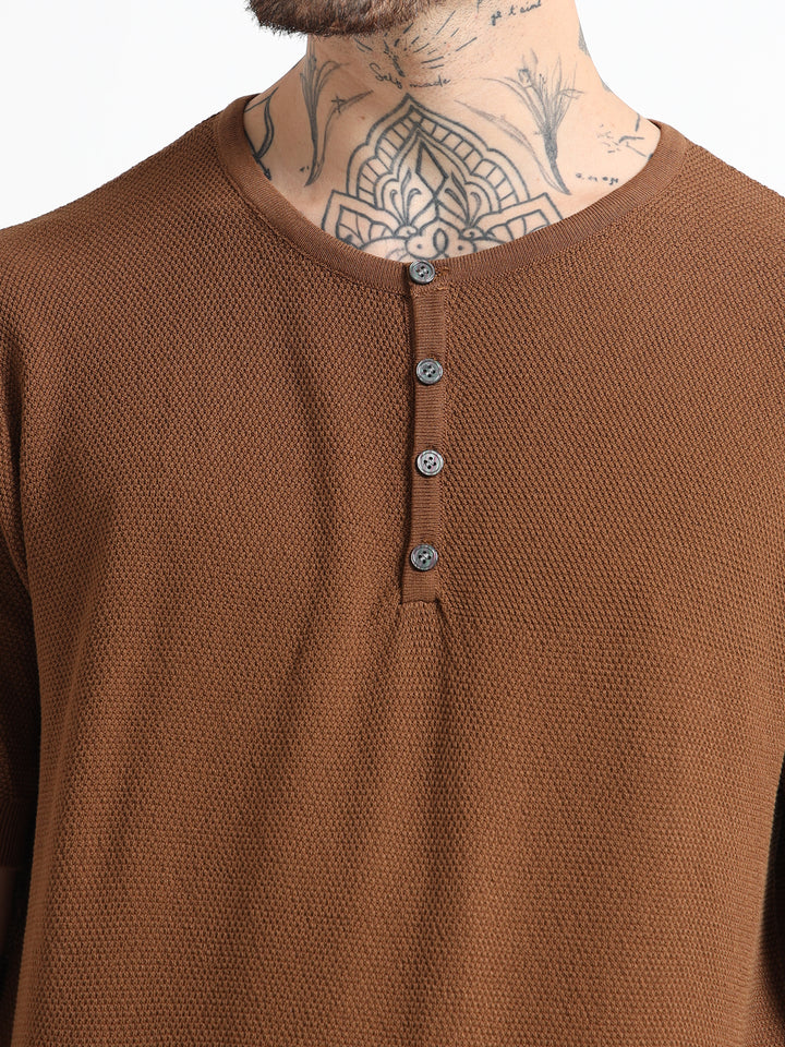 Men's Fine-Knit Henley Sweater T-Shirt - Coffee