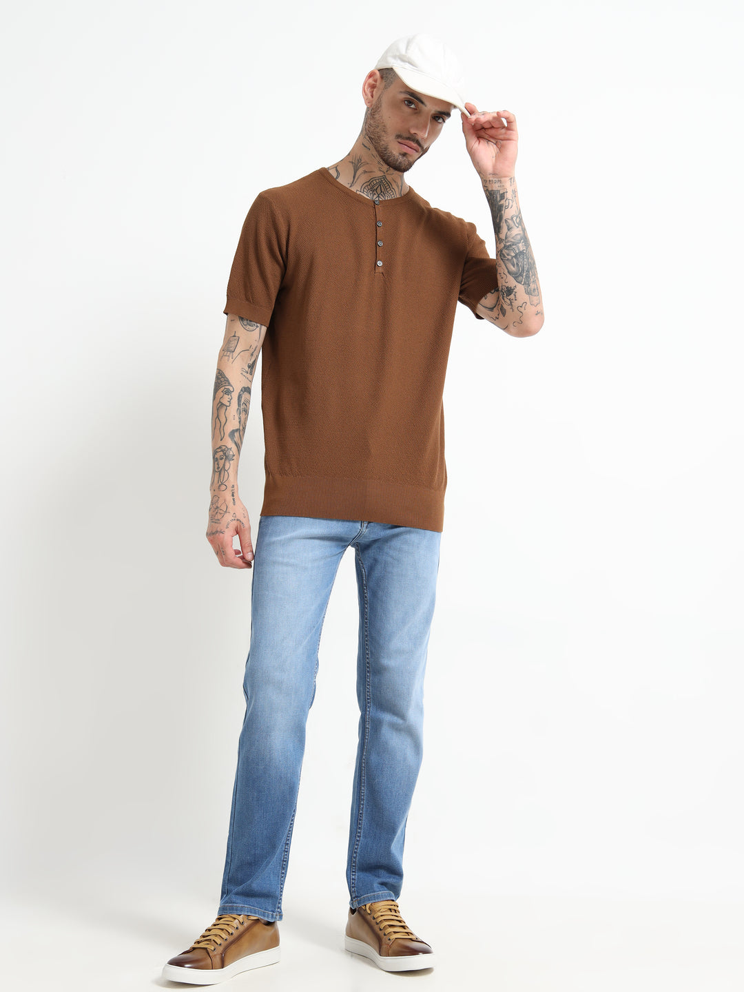Men's Fine-Knit Henley Sweater T-Shirt - Coffee