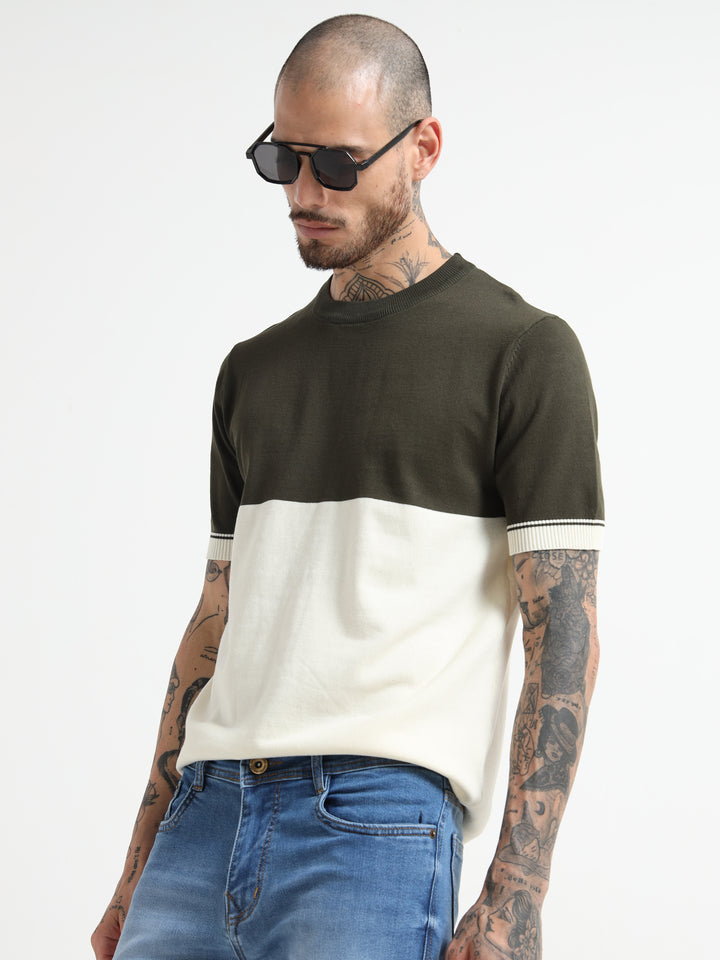 Two-Tone Knit T-Shirt with Ribbed Details - White & Green