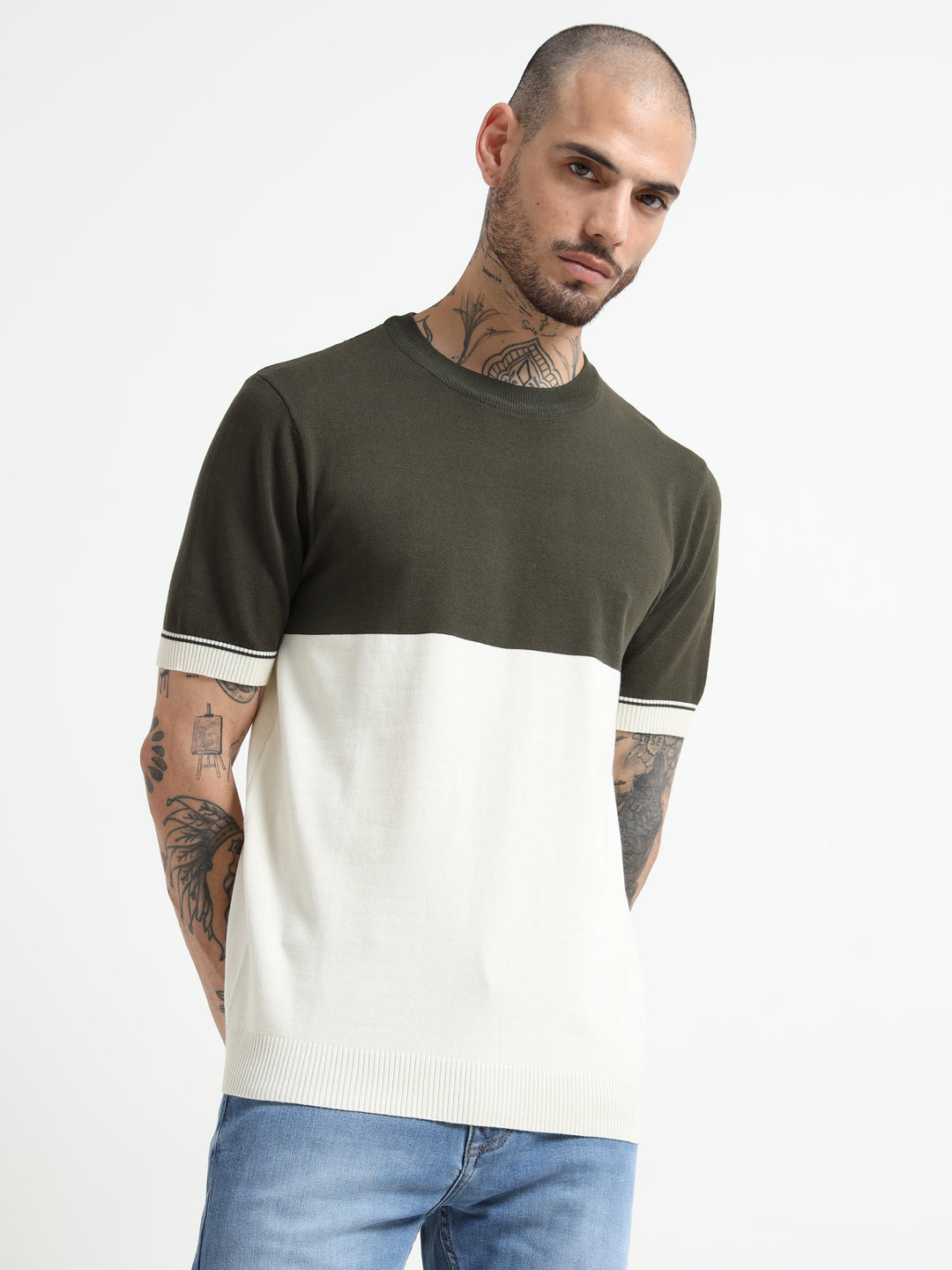Two-Tone Knit T-Shirt with Ribbed Details - White & Green